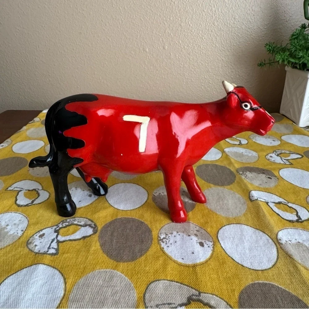 K’s Collection red black striped grid hand painted Cow figurine